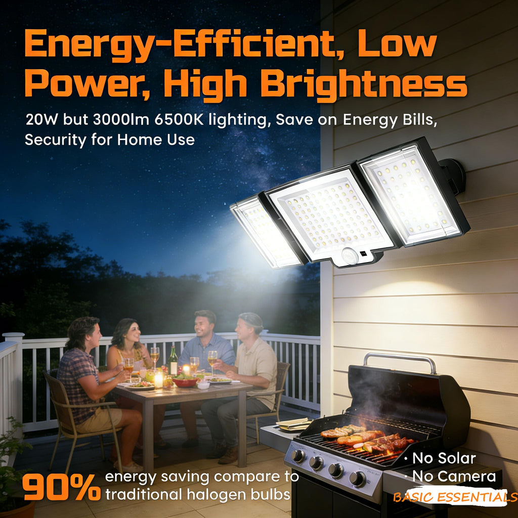 LED Security Lights Motion Sensor Outdoor, 20W Floodlight 6500K 3 Modes, IP65 Waterproof 3 Head Detected Flood