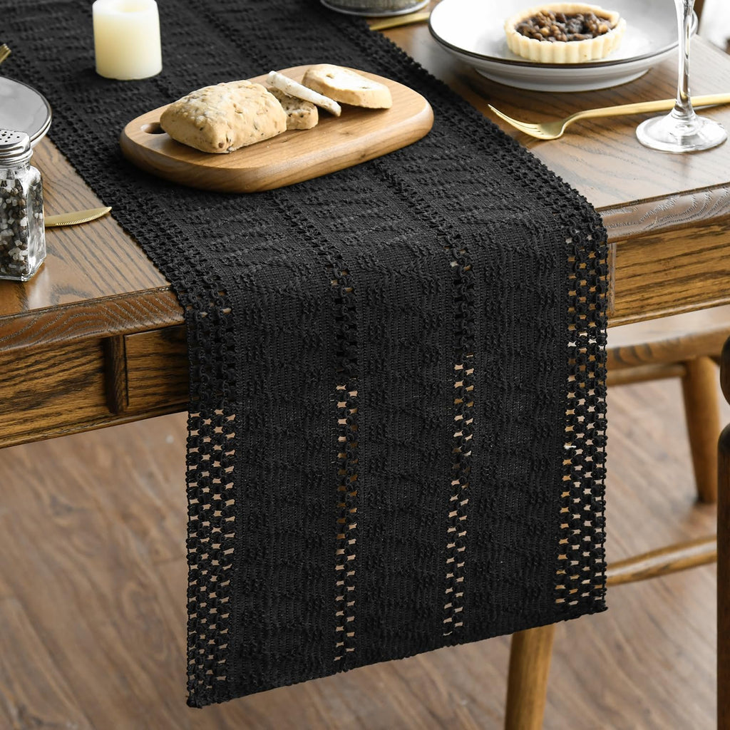 Black Woven Farmhouse Hollow Table Runner 12x120 Inch