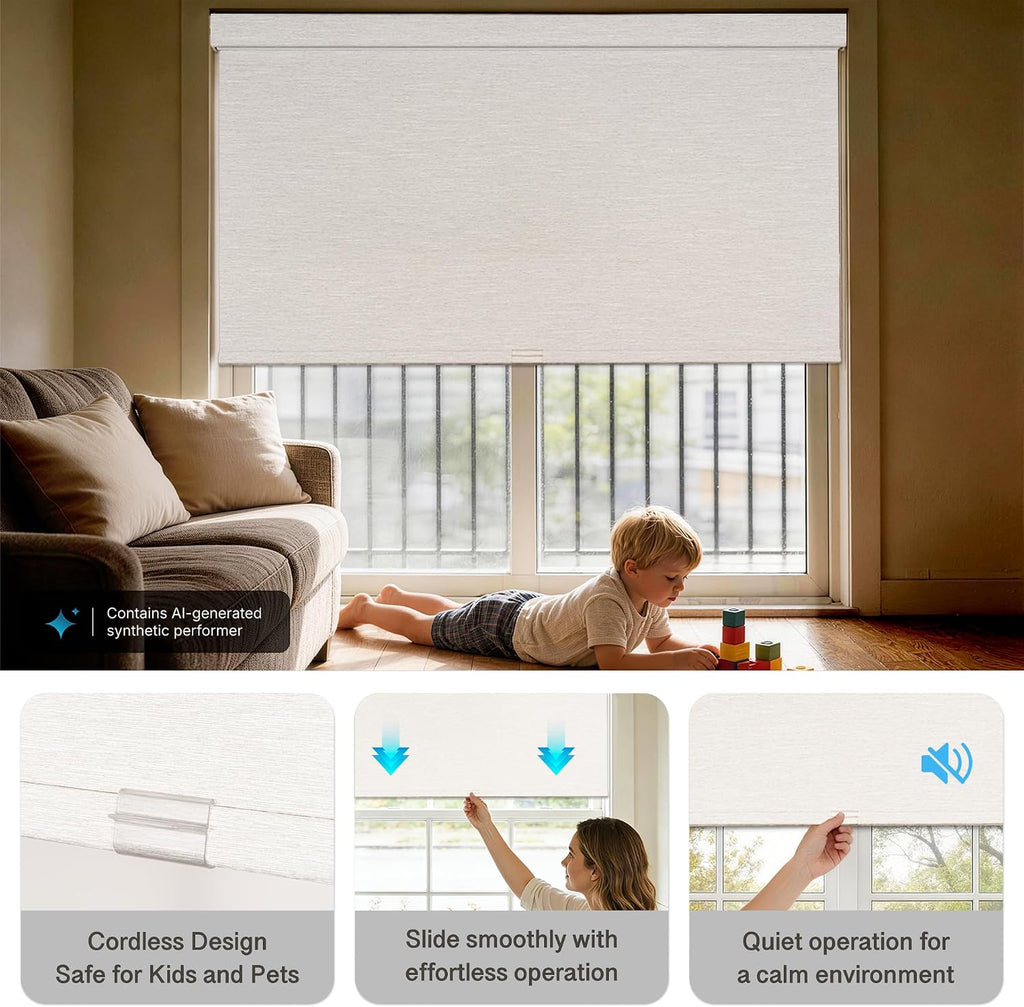 Blackout Roller Shades with Valance,White, | No-Drill Cordless Linen-Like Thermal Insulated Blinds, UV Proetction For