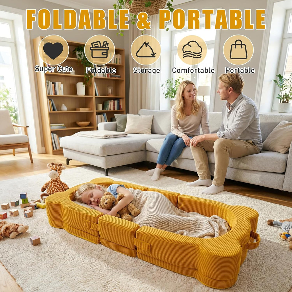Toddler Travel Bed, Portable&Foldable Toddlers Floor Beds, Bear Style Soft Foam Crib for Baby and Kid, Washable Cover