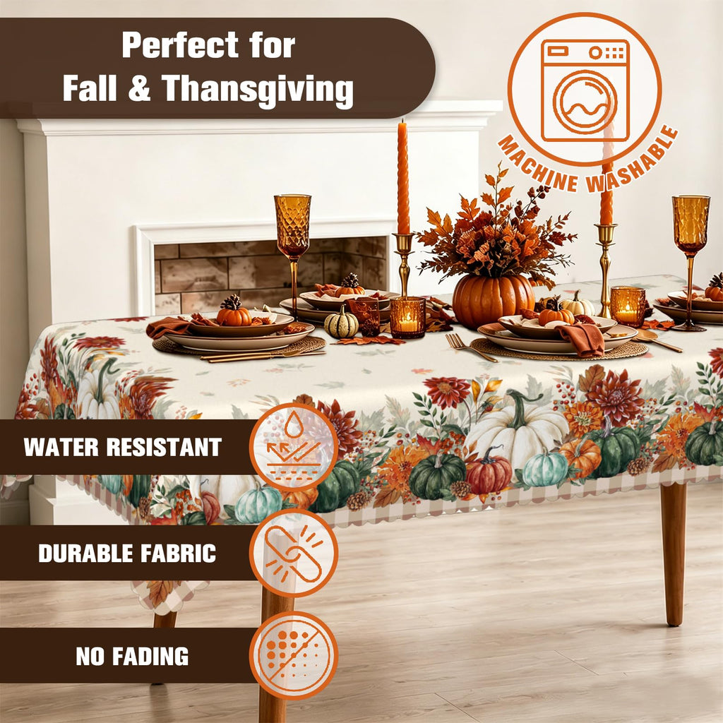 Rectangle Fall Tablecloth 60x84 Inch, Thanksgiving Autumn Harves Pumpkin Flower Table Cloth, Waterproof Wrinkle