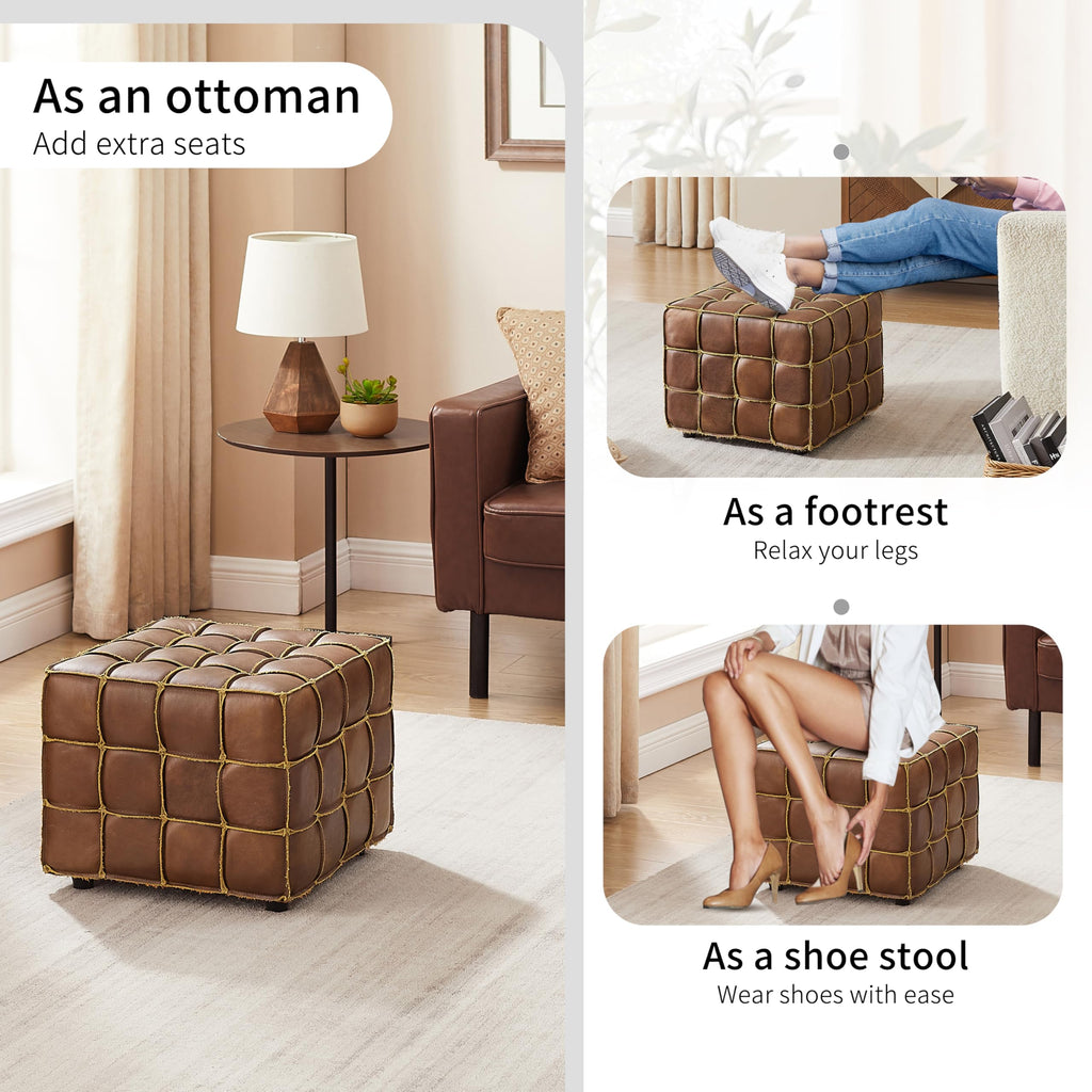 Tufted Square Ottoman Leather Footstool Modern Foot Rest Cognac