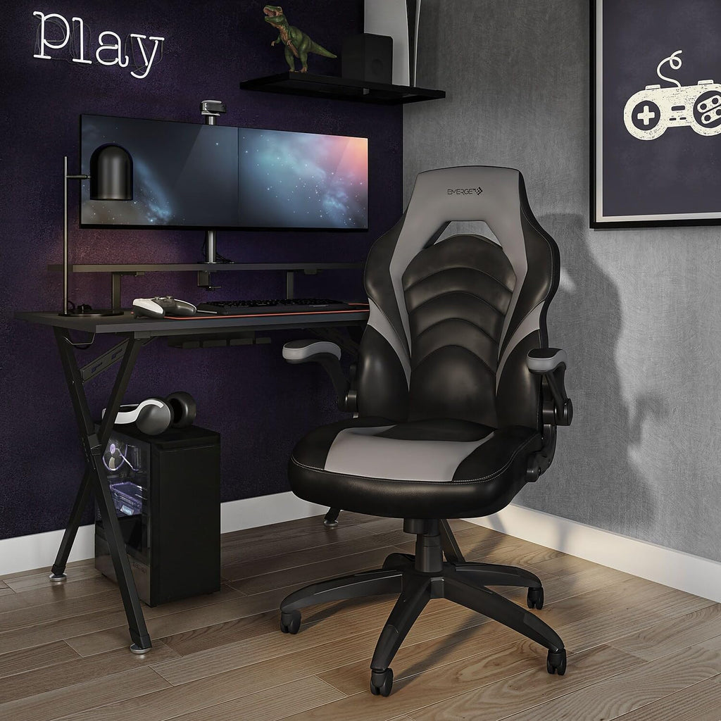 Emerge Vortex Gaming Chair, Adjustable Height, Swivel Black | Racing-style design with sturdy swivel base, ideal for