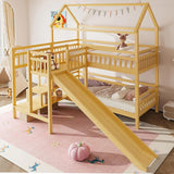 Twin over Twin Bunk Bed with Playhouse Design Roof, House Bunk Beds with Storage Stairs & Slide, Wood Bunkbed for Kids