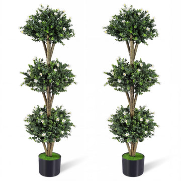 51" Artificial Triple Ball Boxwood Topiary Trees, Set of 2 Faux Bush Plant with 59 Blossoms, Cement-Filled Plastic