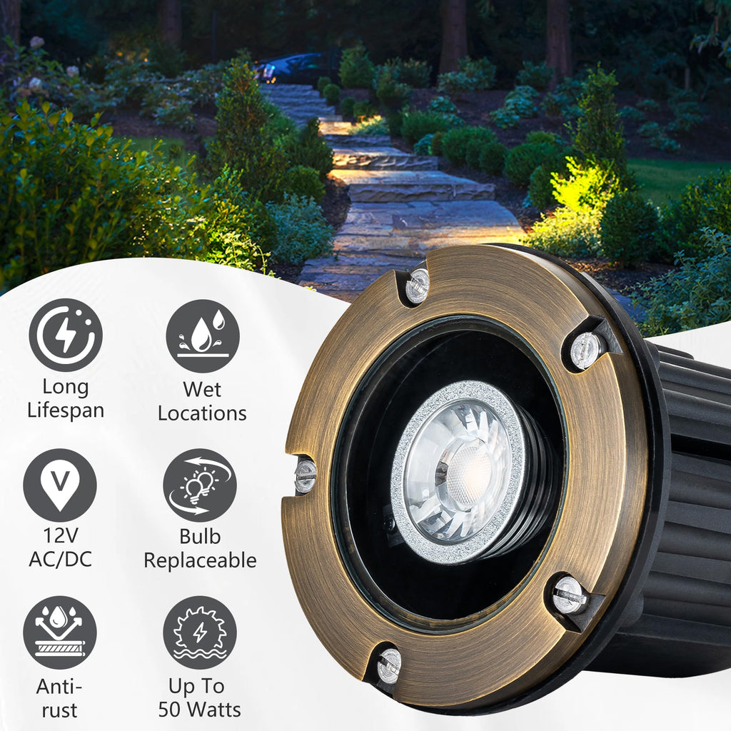 Brass Low Voltage Landscape Lighting 12V LED Landscape Lights, Outdoor In-Ground Well Lights with MR16 GU5.3 Bulb
