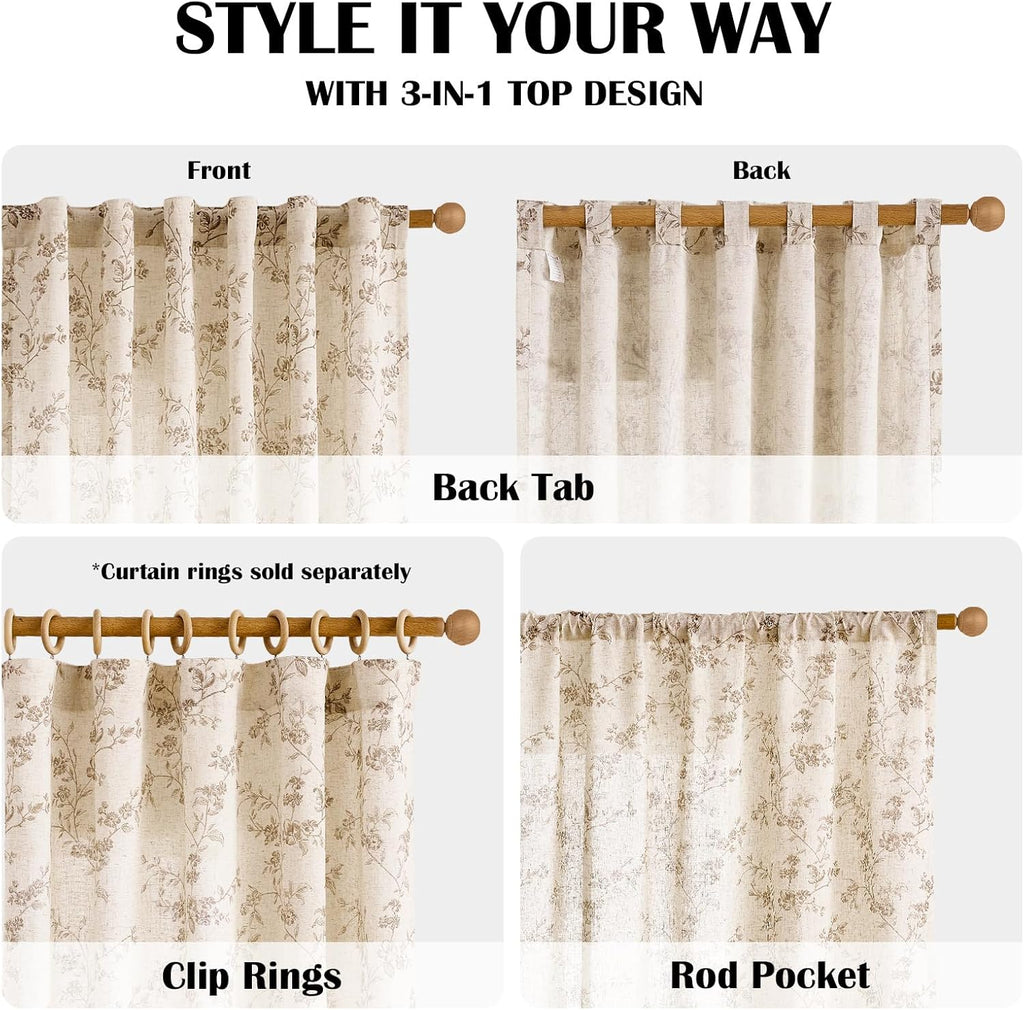 Taupe Floral Linen Curtains 84 Inch Farmhouse Curtain Back Tab Drapes for Living Room Bedroom Light Filtering Vintage