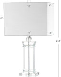 24.5" Ophelia Clear Solid Crystal LED Table Lamp, Modern Rectangular Column Lamp with White Linen Shade Bedroom