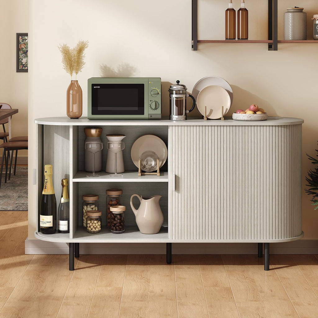 55" Sideboard Buffet Cabinet with Sliding Door, Natural White