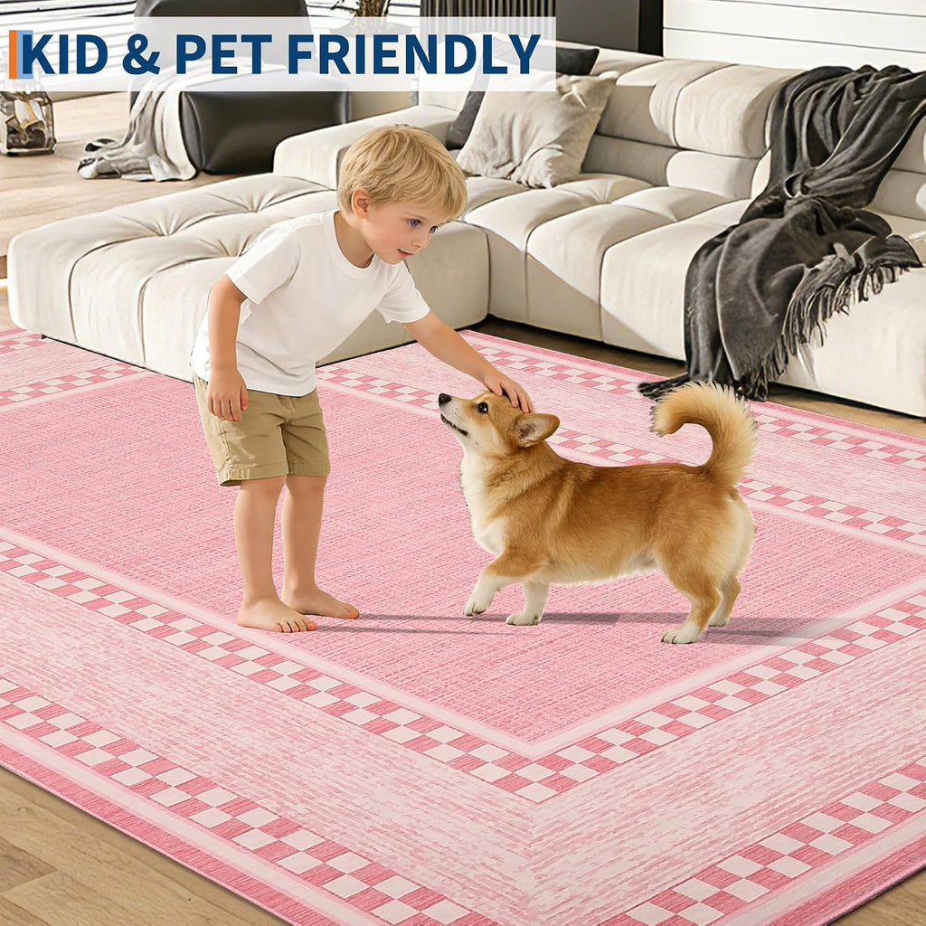 Area Rug, No Slip Washable, Modern Checkered Pattern Area Rug, Low-Pile Design Rug, Under Bed Carpet, Bedroom