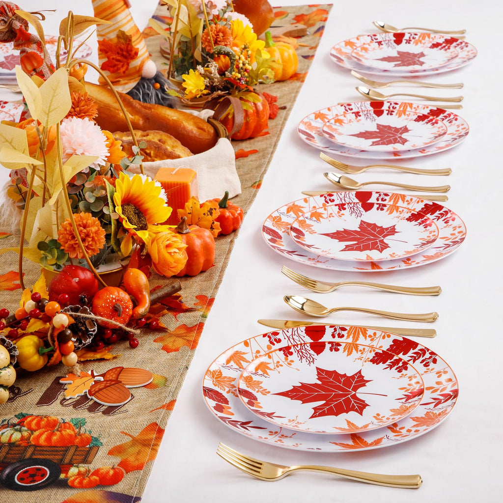 Thanksgiving Plastic Plates- Include 30 Dinner Plates, 30 Dessert Plate, 30 Forks, 30 Gold Spoons, 30 Gold