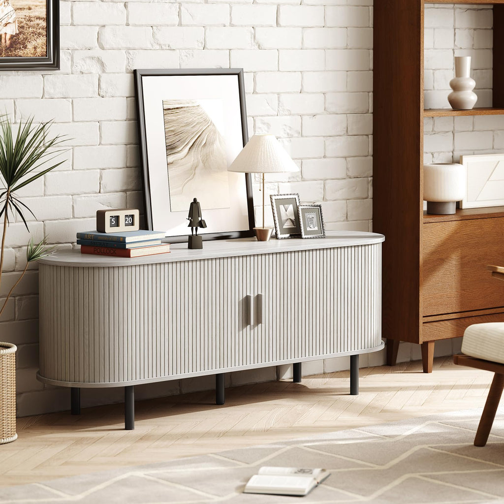 55" TV Stand with Power Outlet & Storage for TVs 60", Natural White