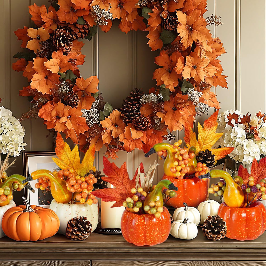 Set of 6 Artificial Pumpkins Decorations, Decorative Orange Pumpkin with Maple Berry Acorn Pine Cone Vegetables for