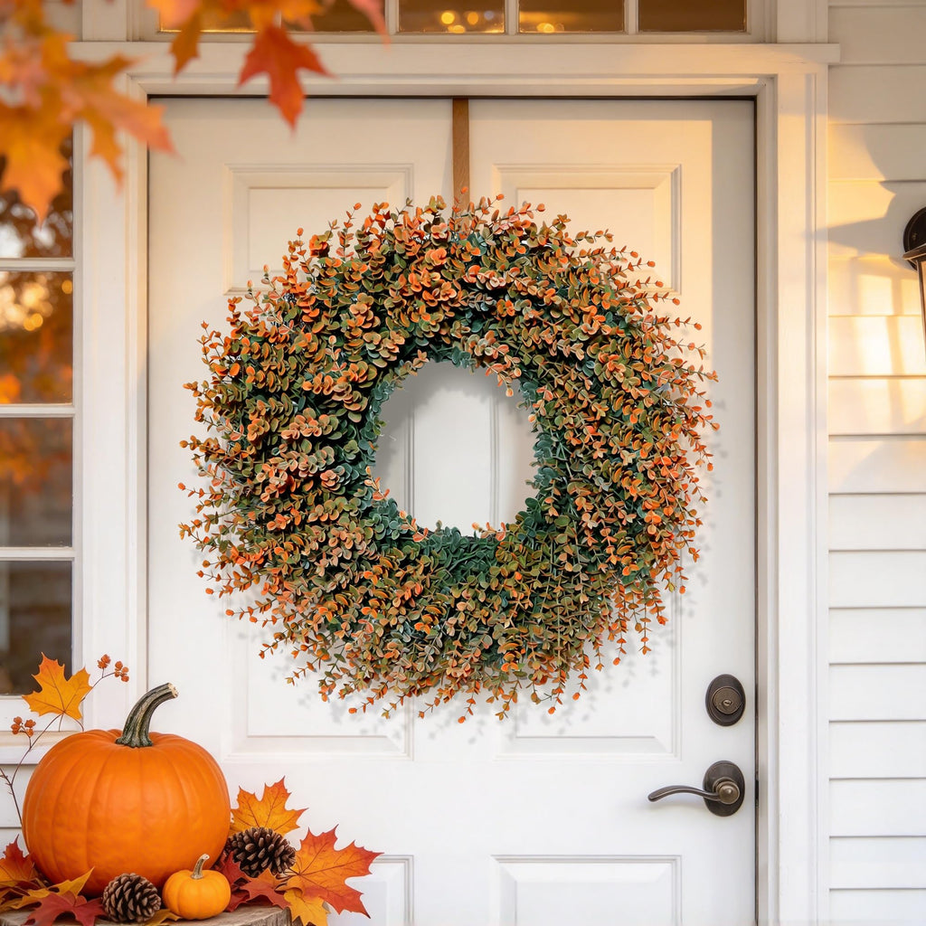 Fall Wreath for Front Door 26 inch Boxwood Wreath Eucalyptus Leaves
