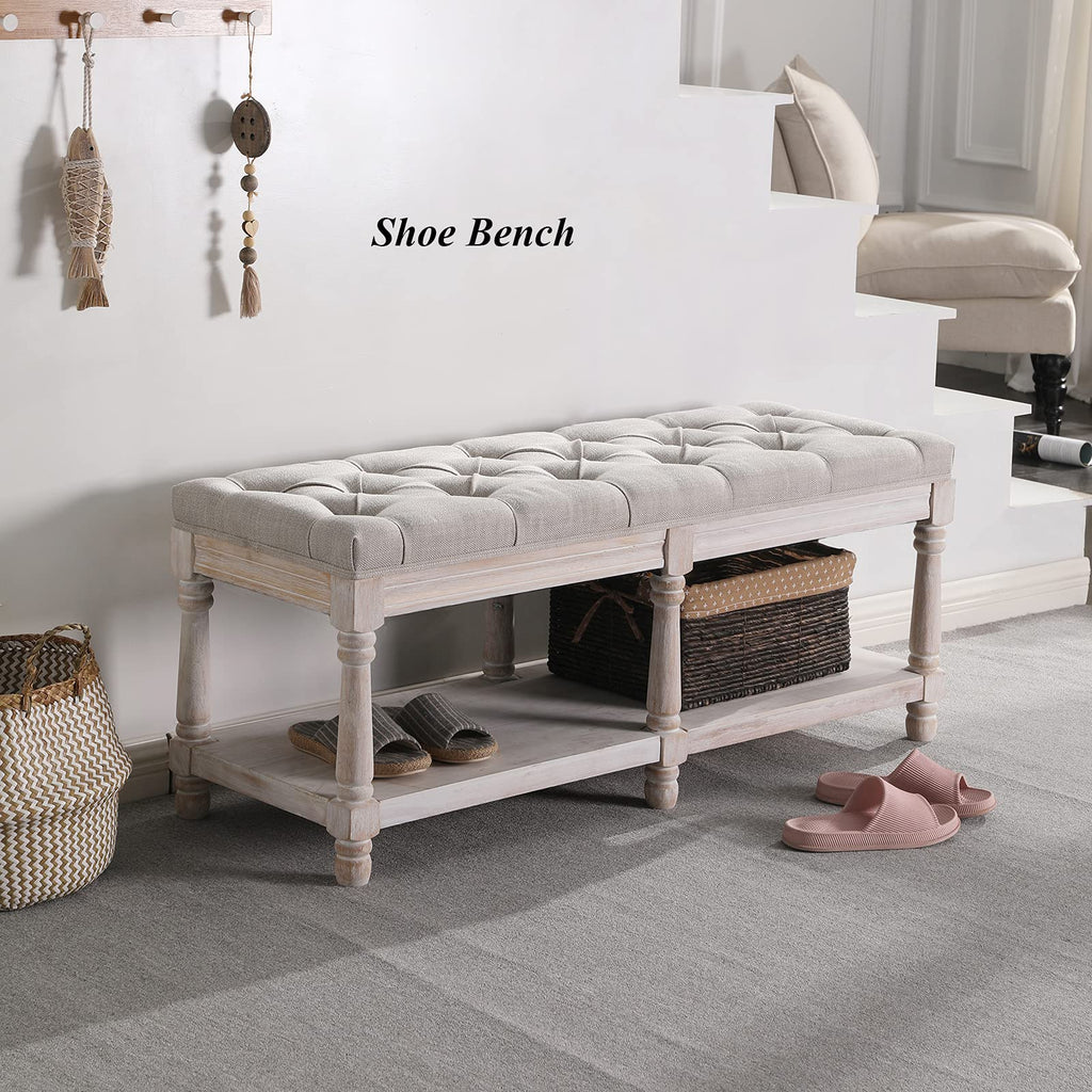 Mid Century Tufted Storage Bench with Shelf, Linen Upholstered Farmhouse Entryway Shoe Bench Ottoman Bed End Stool