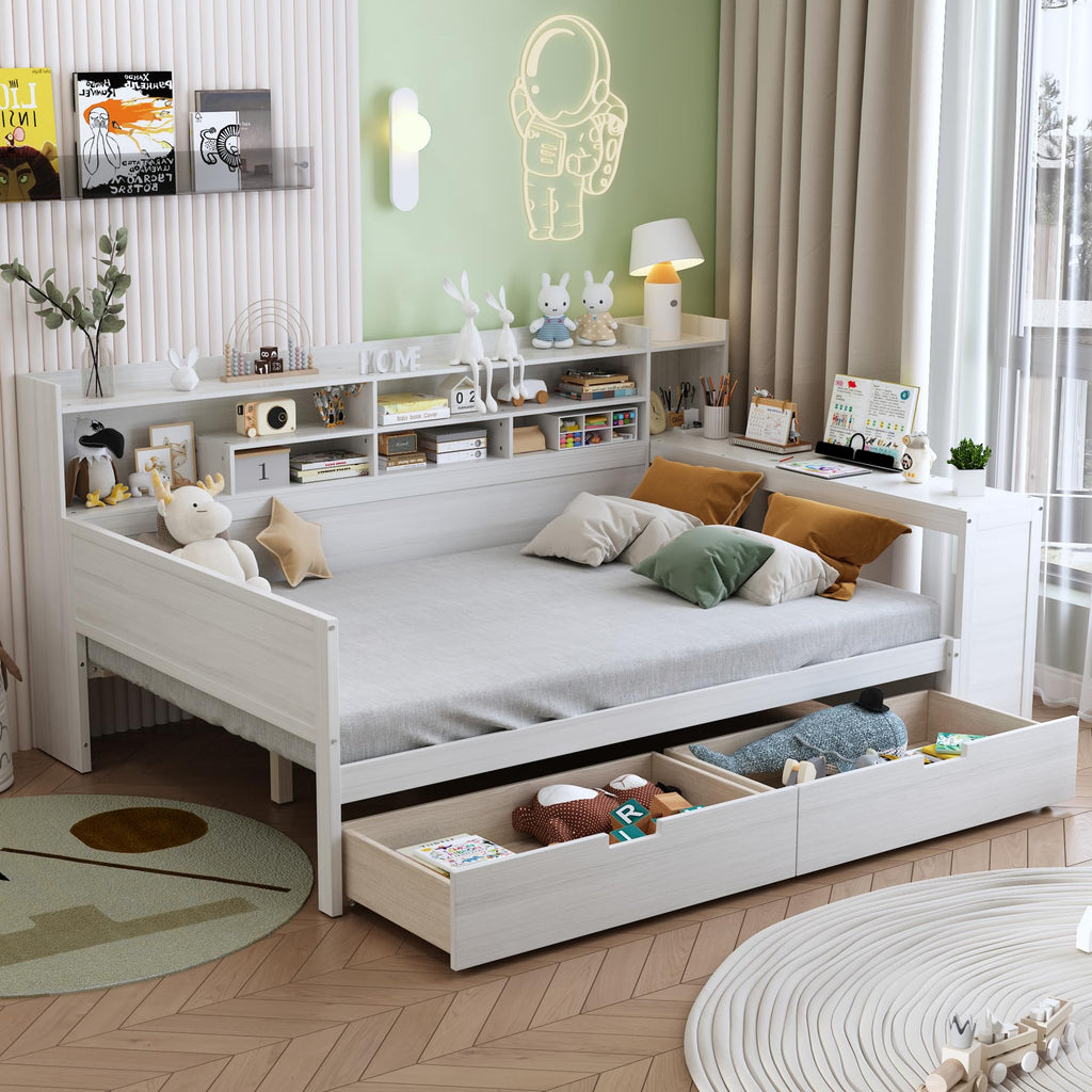 Full Size Daybed with Desk and Storage Drawers, Antique White