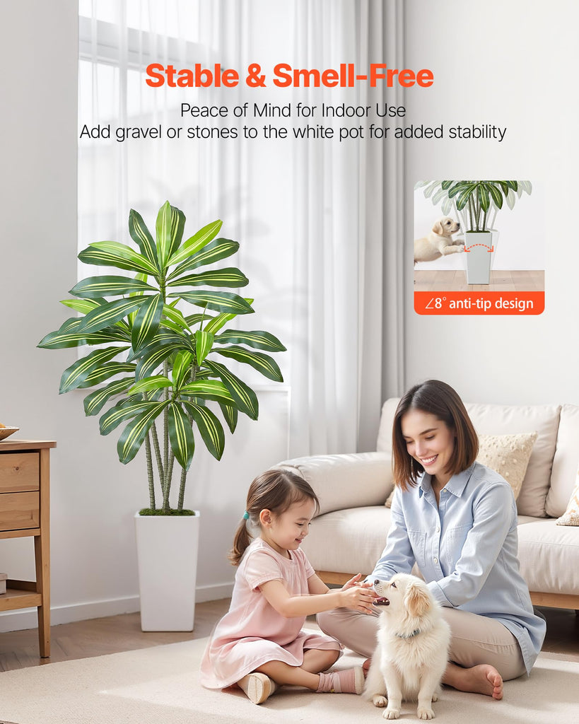 Artificial Dracaena Tree 5 ft, Fake Palm Tropical Plants with White Tall Planter, Faux Floor Silk Plant in Pot, Large