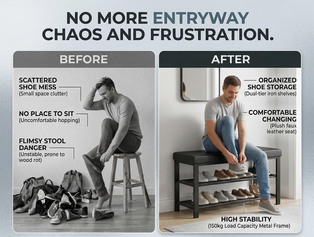 Entryway Shoe Rack with Cushioned Seat, Shoe Bench for Entry, 2 Shelves Storage Bench w/Faux Leather Top Bed Bench