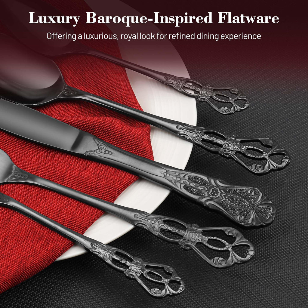 Black Silverware Set, 30 Pieces Retro Royal Silverware Set for 6, Gothic Decor Stainless Steel Flatware Set Including