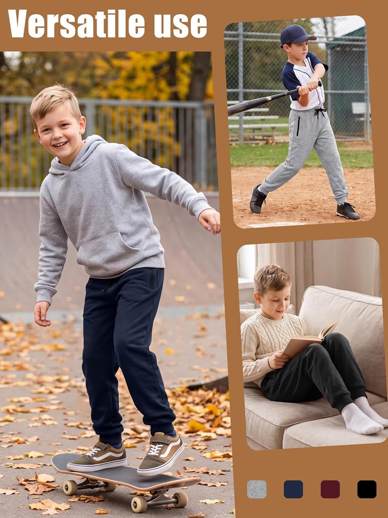 4 Pack Boys Sweatpants Youth Teens Athletic Cotton Pants with Zipper Pockets Drawstring Joggers for Kids