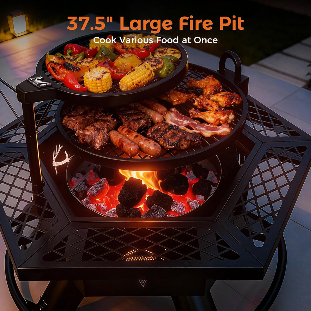 Fire Pit with BBQ, Outdoor Fire Pit for Wood Burning, Patio Firepits for Outside with Grill