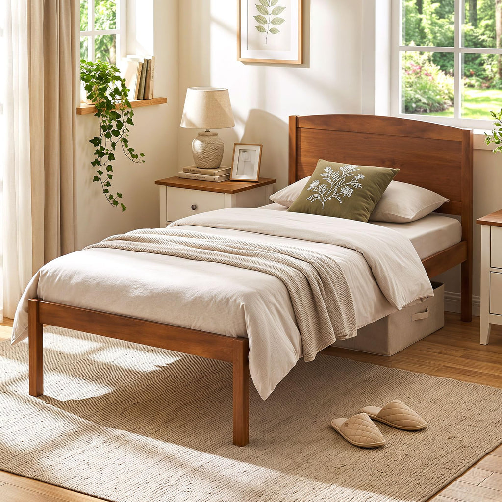Twin Size Wooden Bed Frame with Curved Headboard, Walnut