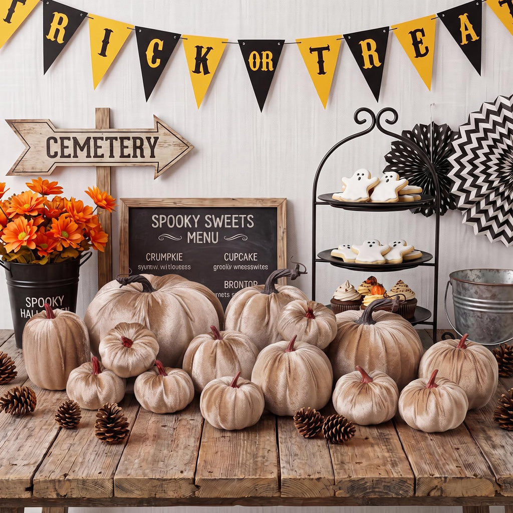 12 Pcs Artificial Large Velvet Pumpkins Fake Champagne Pumpkin