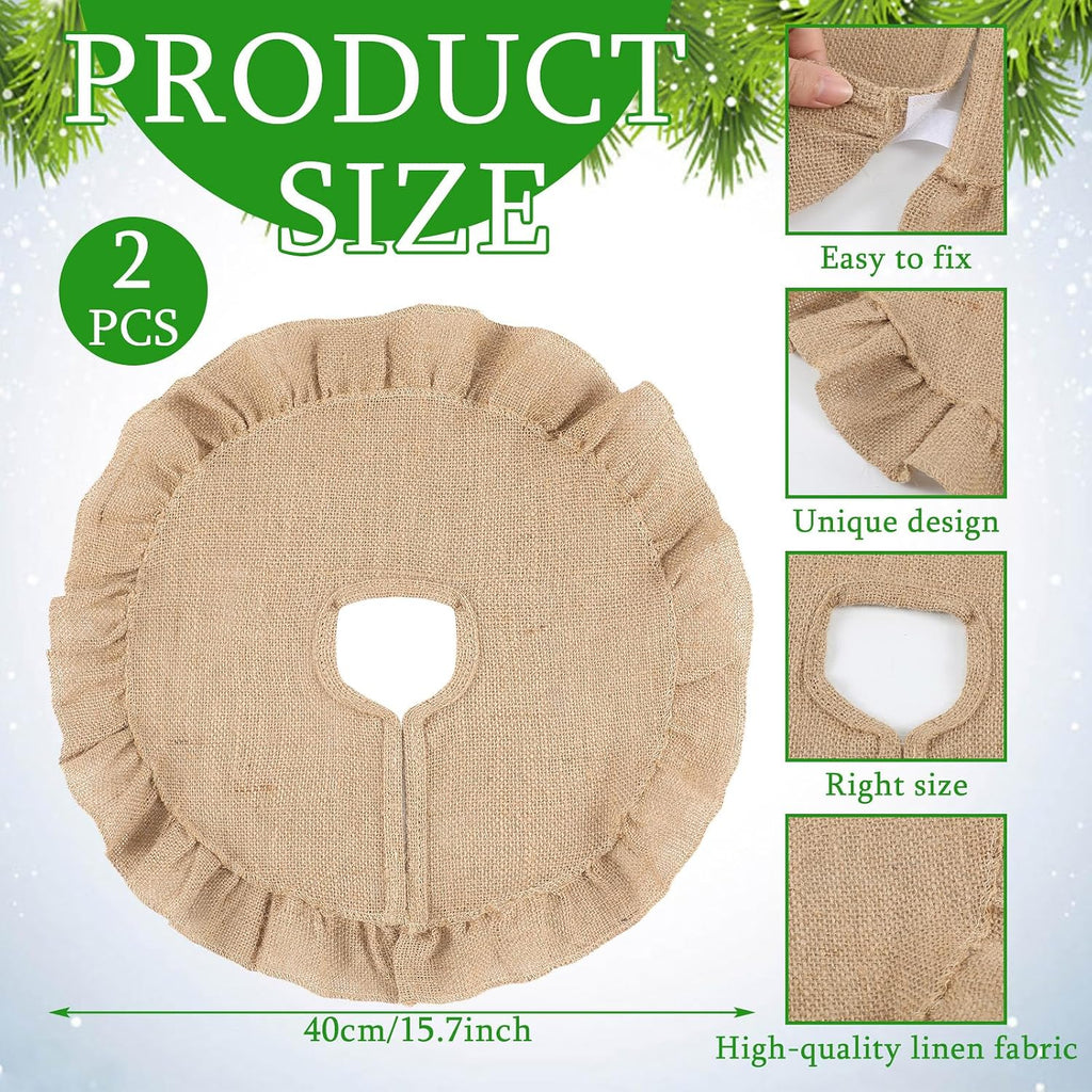 Christmas Tree Skirt 15 Inch Small Xmas Tree Mat for Christmas Holiday Party Decorations(Flax,Farmhouse,Fawn) - Set of 2