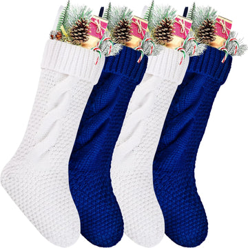 Christmas Stockings Bulk, 18 Inch White and Blue Cable Knitted Stockings for Xmas Holiday Decoration, 4 Pack