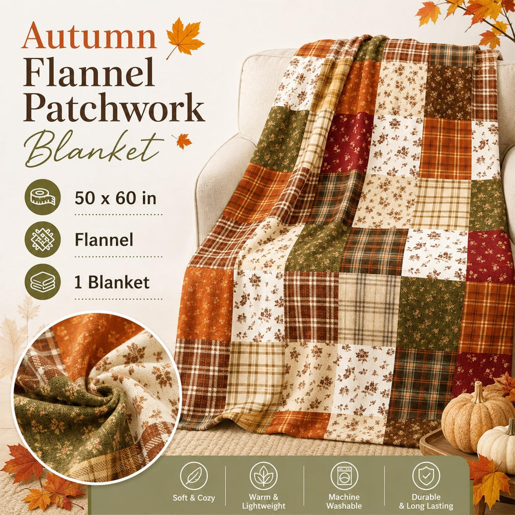 Fall Fuzzy Flannel Blanket, Patchwork Style, 60 x 50 Inch