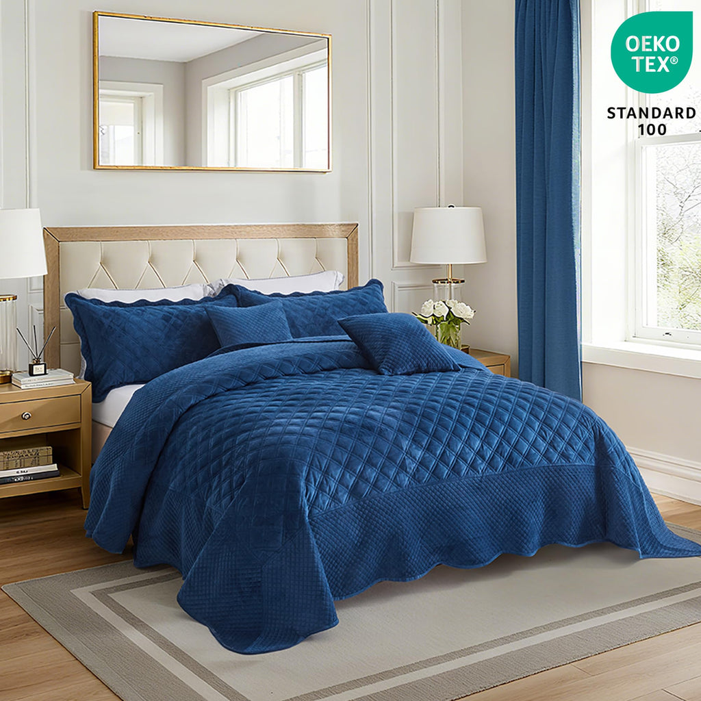 Oversized King Bedspreads 128x120, Velvet Quilt, Navy