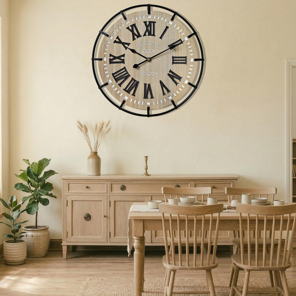 30 Inch Oversized Farmhouse Wall Clock, Metal Rustic Wood with Silent Quartz Movement, Easy Read Roman Numerals