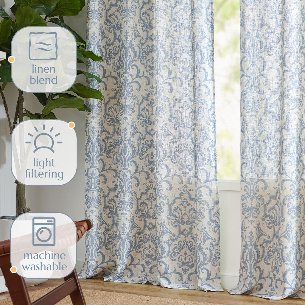 Curtains, Light Filtering 96 Inch Length 2 Panels Set, Baroque Style Linen Blend Drapes Living Room, Vintage Damask