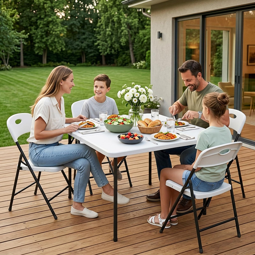 Table and Chairs Set for 5, 36 Inch Foldable Plastic Table with Carry Handle & 4 White Folding Chairs, Portable