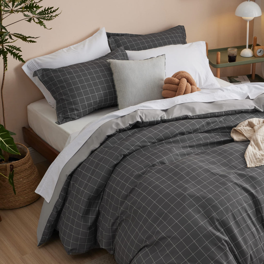 Duvet Cover - Reversible Plaid Duvet Cover Set with Zipper Closure, 2 Pieces Dark Grey Bedding Set with 8
