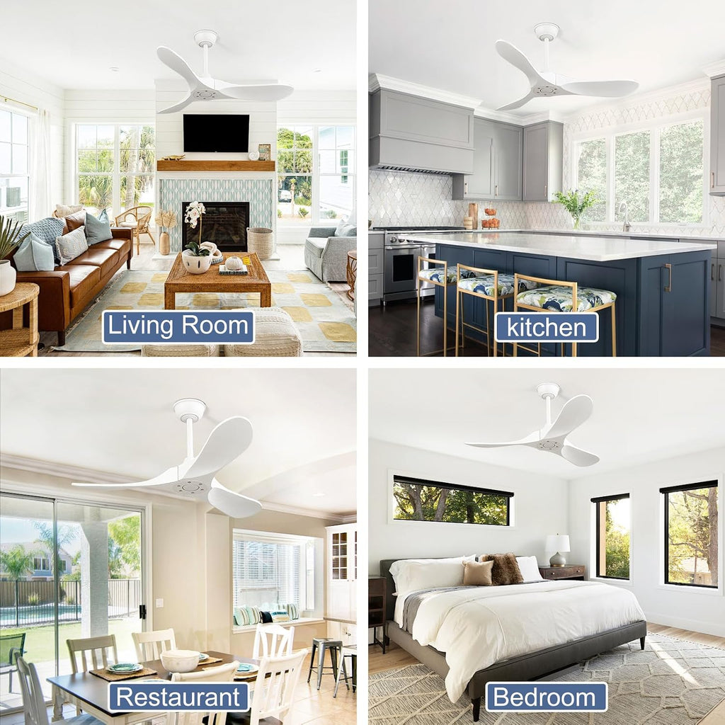 42 Inch Solid Wood Ceiling Fan with Remote, White, No Light, 6-Speed Reversible DC Motor, Indoor/Outdoor