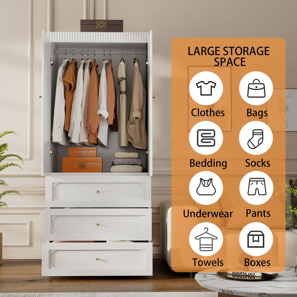 White Wooden Wardrobe Closet with 3 Drawers, 75" Tall x 32" Wide