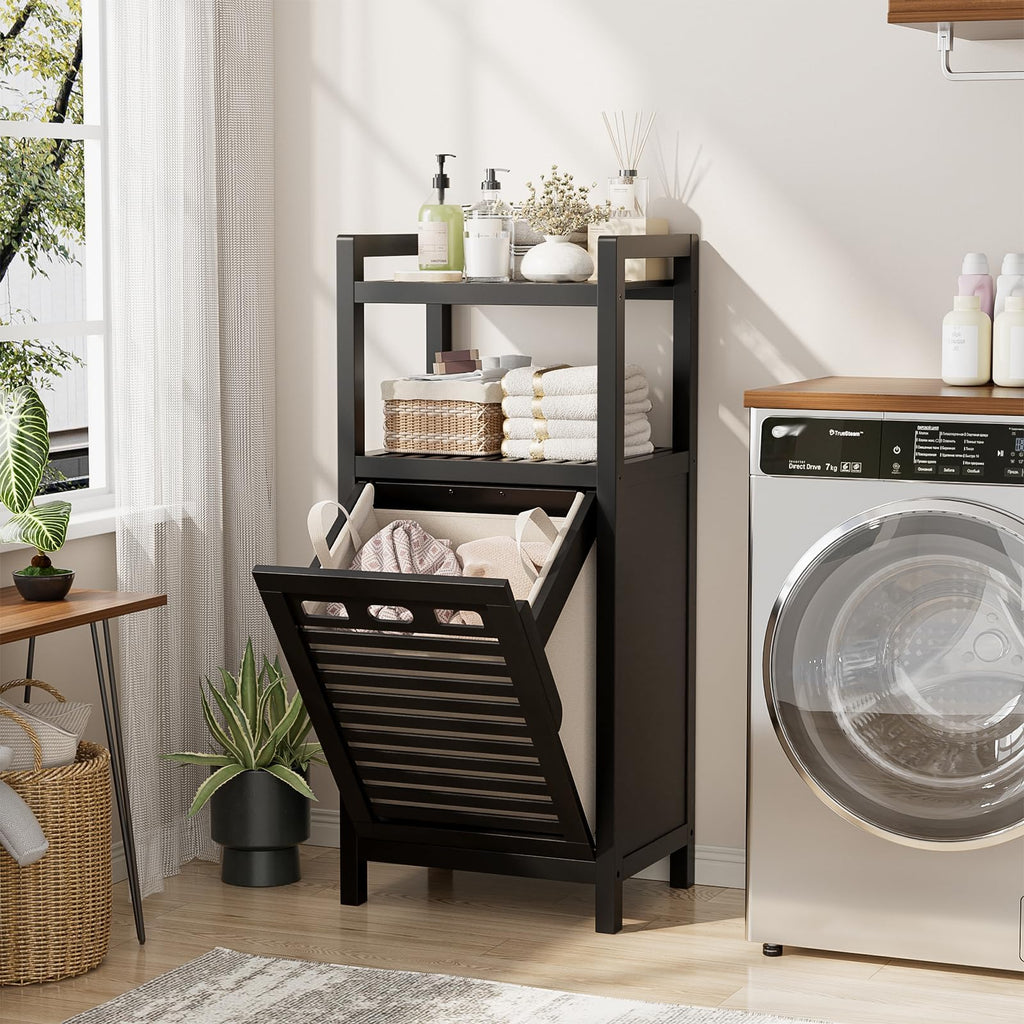 Bamboo Tilt Out Laundry Hamper Cabinet with Removable Bag, Black