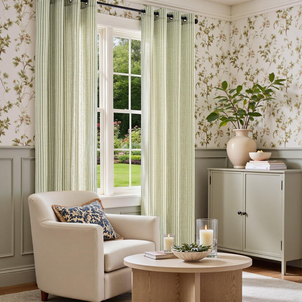 Linen Curtains, Striped Green Curtains 84L, 2 Panels