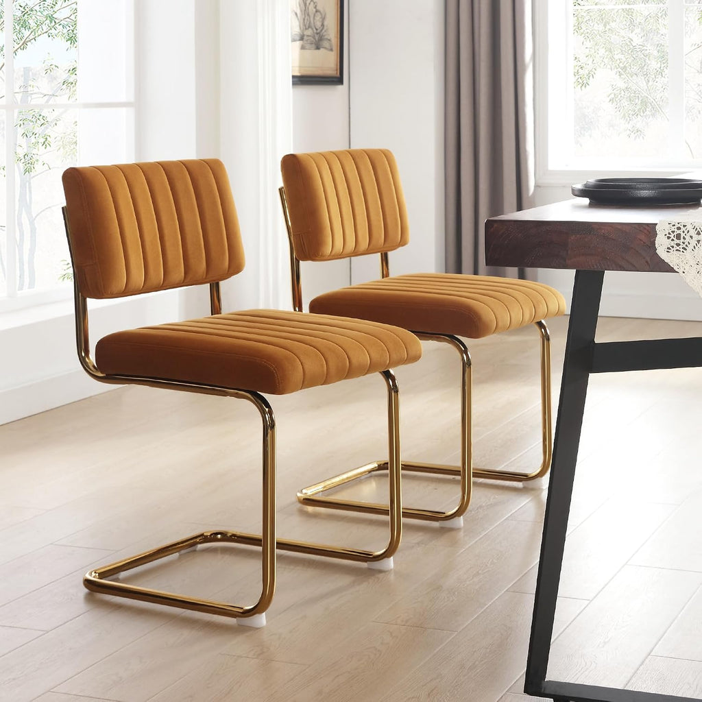 Orange Velvet Dining Chairs Set of 2, Upholstered Kitchen & Dining Room Chair, Comfy Dinner Chair with Gold Metal