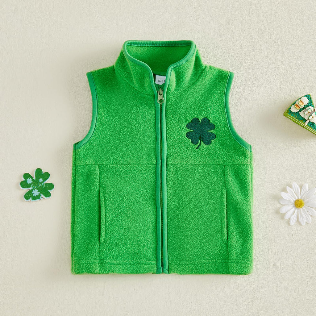 Toddler Irish Fleece Vest Jacket Clover Embroidered Sleeveless Zip-up Coat with Pockets for Baby Girls Boys