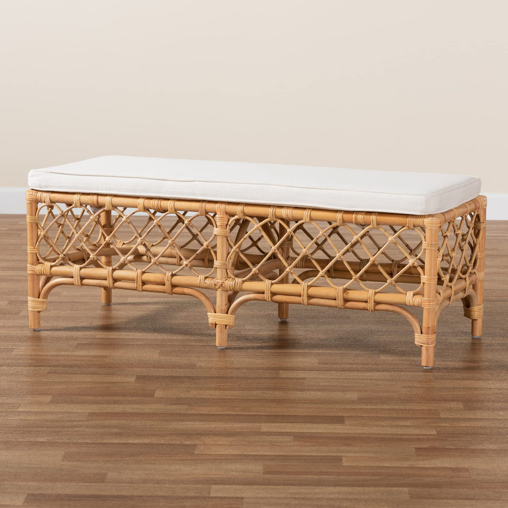 Orchard Natural Rattan Bench with White Cushion - 48" Boho Wicker Ottoman, Handwoven Cane Entryway Seat, or Hallway