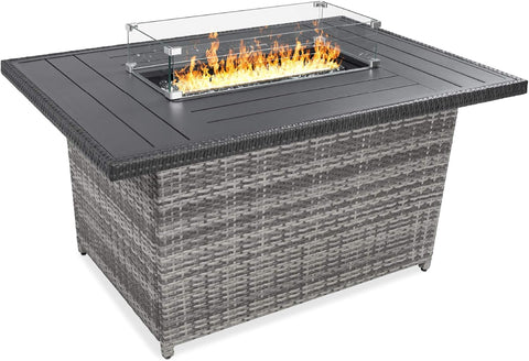 52in 50,000 BTU Outdoor Wicker Patio Propane Gas Fire Pit Table w/Aluminum Tabletop, Glass Wind Guard