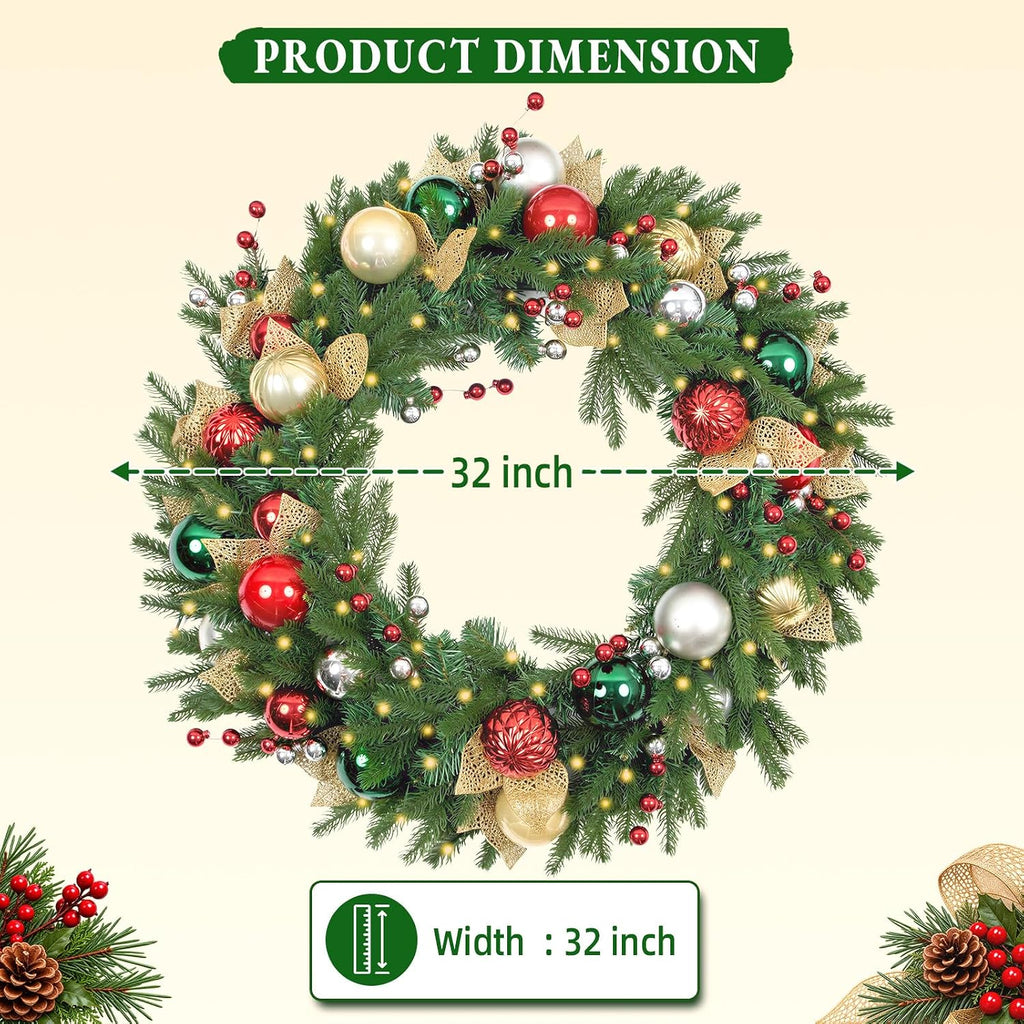 32 Inch Pre-Lit Christmas Wreath with 60 Warm White LED Lights and Timer, Battery Operated Artificial PE & PVC Wreath