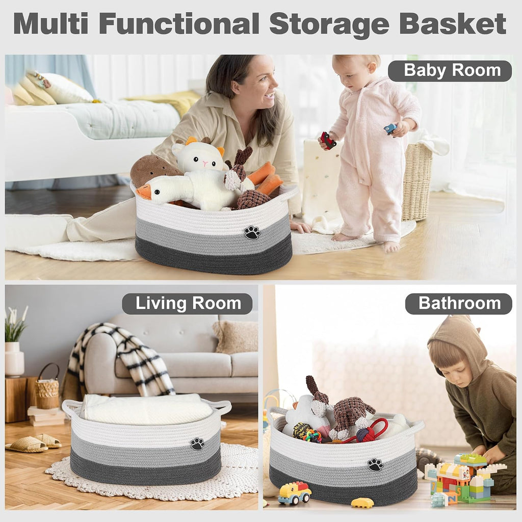 40L Extra Larg Dog Toy Basket, Woven Rope Storage Basket, White-Grey