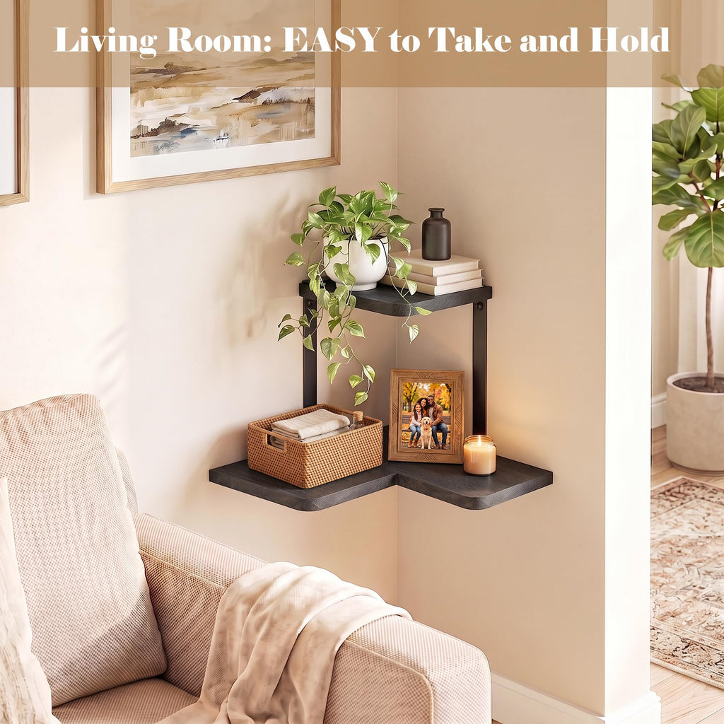 2-Tier Corner Wall Shelf, Rustic Wood Storage Display Shelf Black