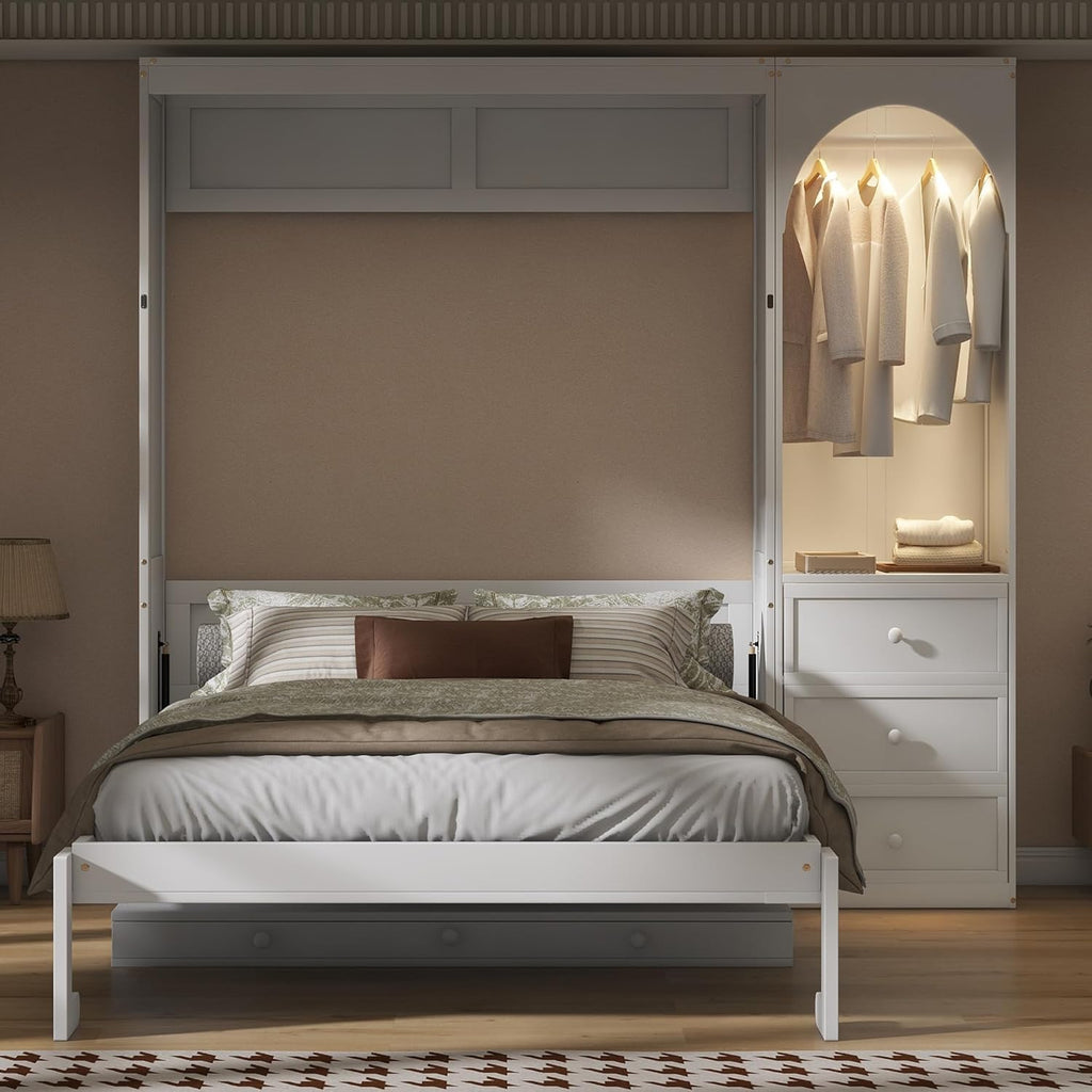 Queen Murphy Bed,Murphy Bed with Storage Shelf,LED Light Closet Rod and 3 Drawers,White
