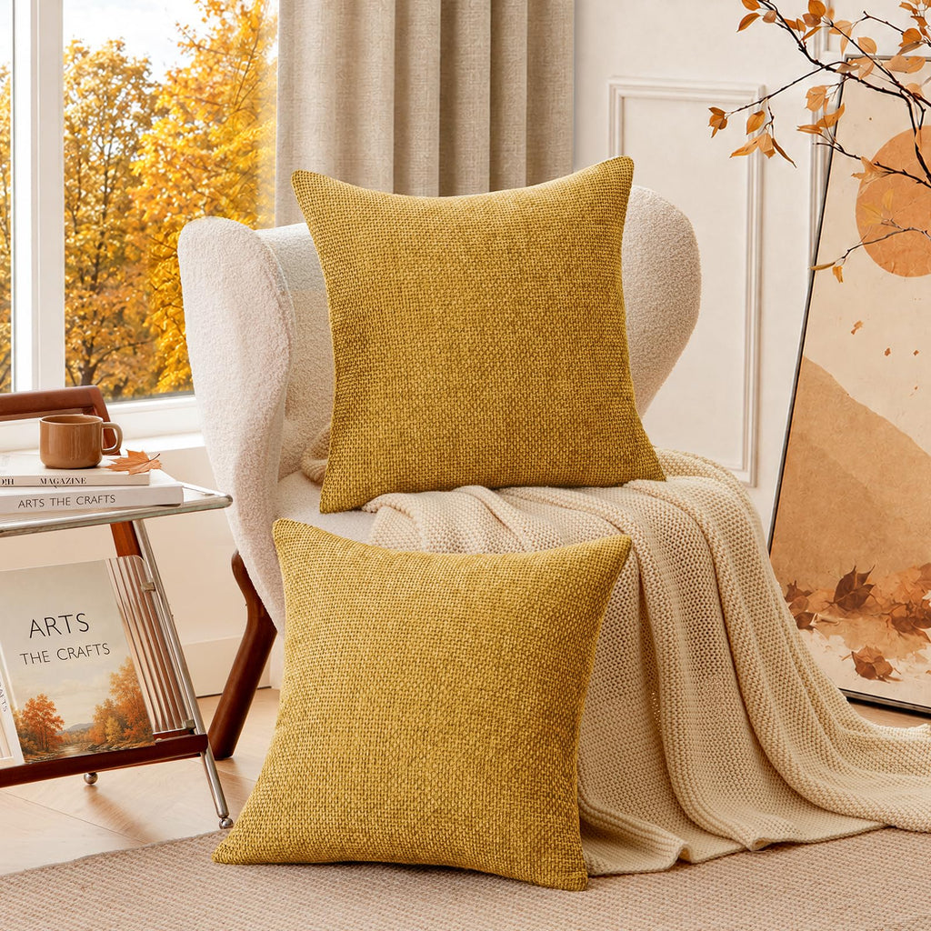 Fall Mustard Yellow Chenille Throw Pillow Covers 22x22 Inch Pack of 2 Modern Decorative Throw Pillow Covers Farmhouse