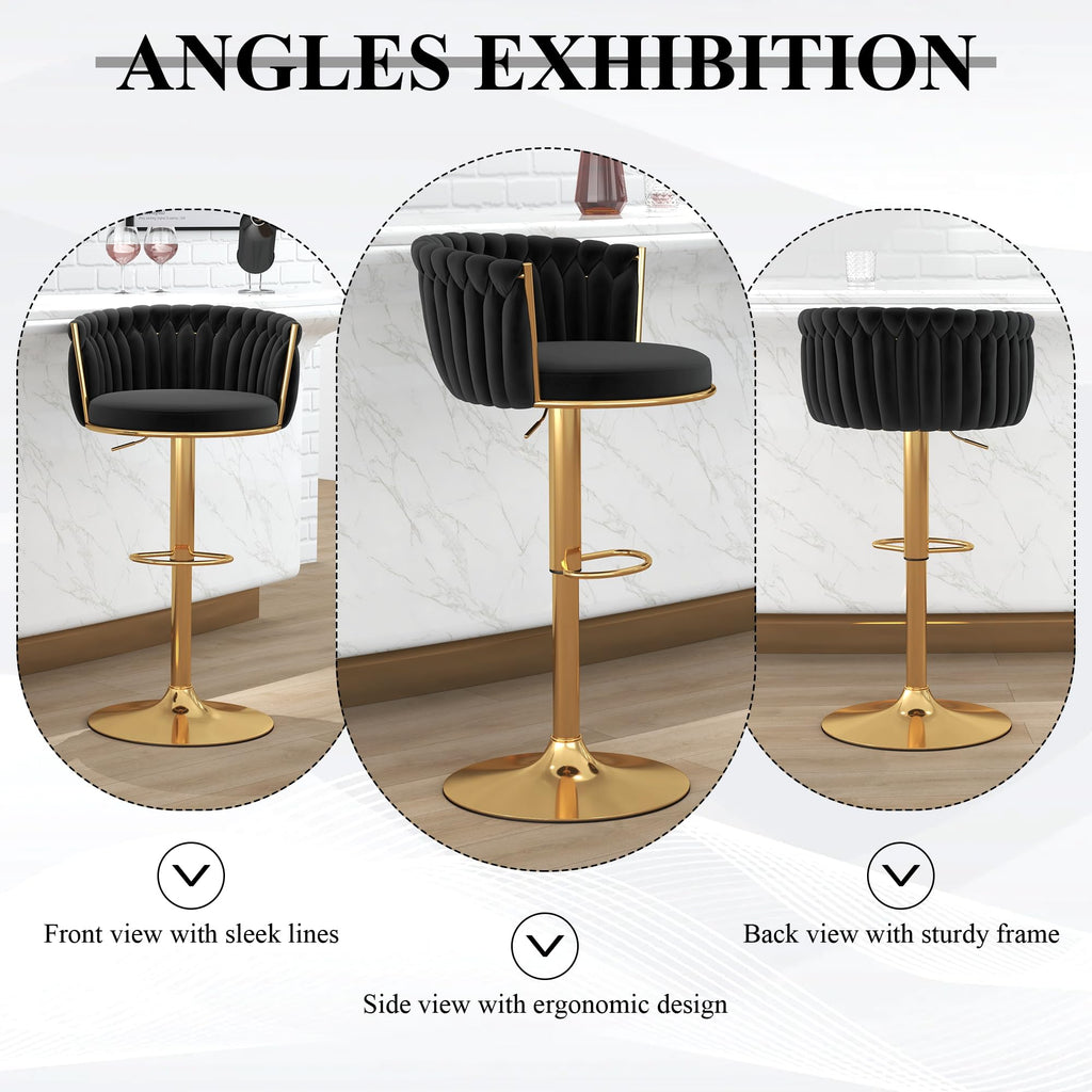 Black Gold Bar Stool Set of 2, Adjustable Height with Woven Backrest