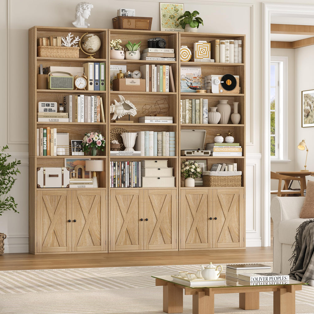 82" Tall Bookcase, Farmhouse Bookshelf with Doors, Light Oak